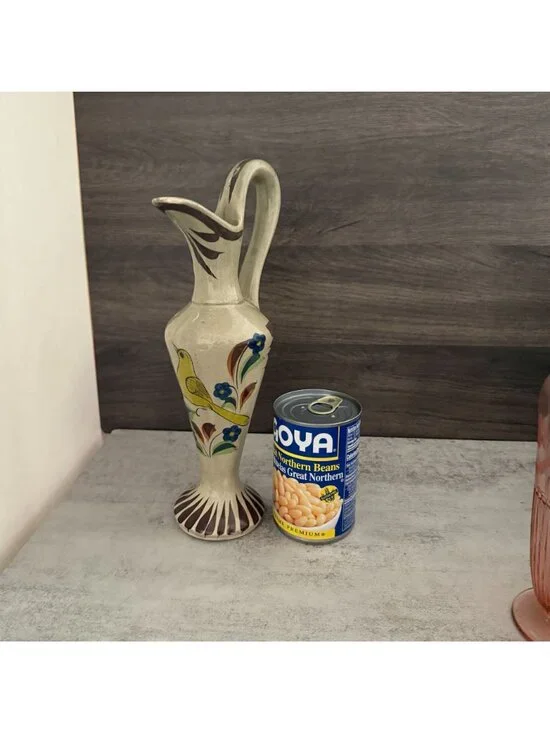 Vintage Tonala Mexico Hand Painted Yellow Bird Handled Ewer Pitcher Ceramic 12" - Picture 6 of 12